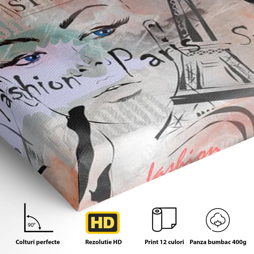 Detaliu al suprafetei: ilustratia digitala cu tematica fashion, fara rama, pe sasiu de lemn